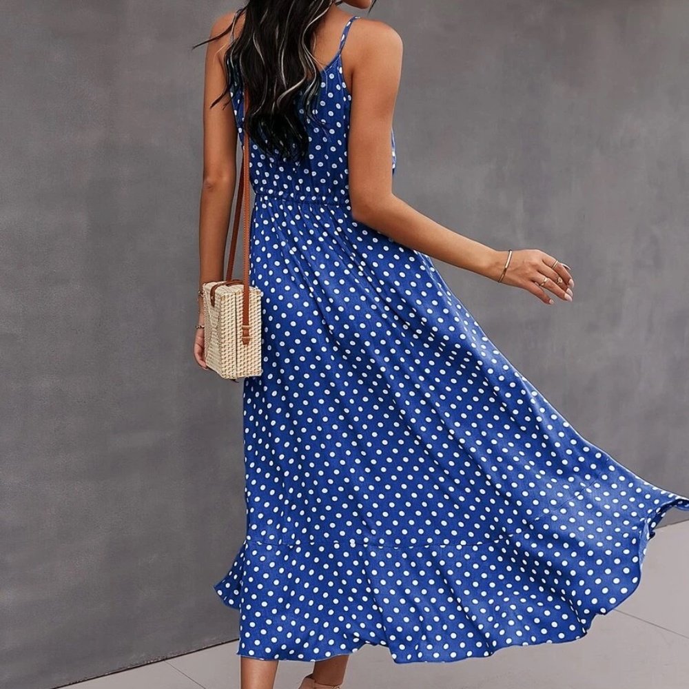 Button up v neck tie polka dot midi dress - Picture 13 of 16